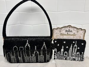 Made in India City Skyline Beaded Bundle - Shoulder Bag and Wristlet - Black